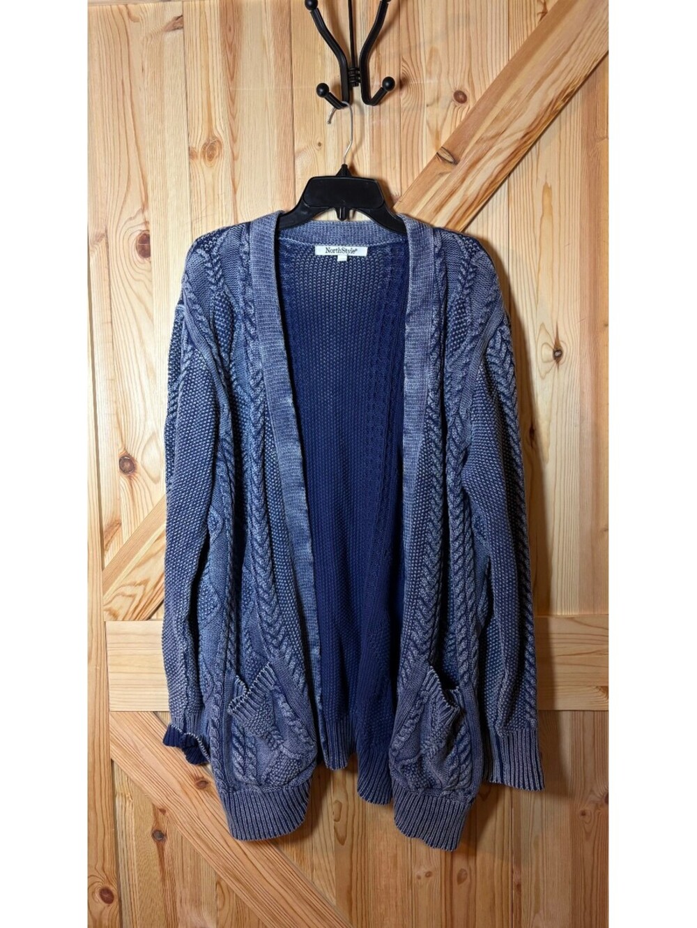 NorthStyle Women's Large Blue Cable Knit Open Cardigan Sweater 100% Cotton